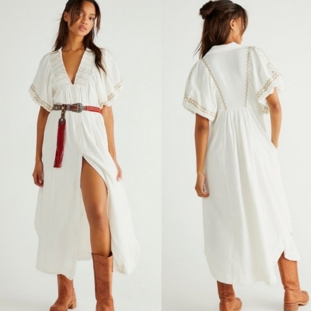 FREE PEOPLE Samantha Maxi Shirt Dress Women XS Off White Embroidered Puff Sleeve